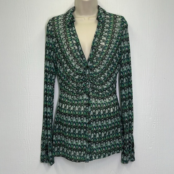 Free People - Green Fish Scale Button Down Ling Sleeve Sheer Blouse Size Small - Picture 2 of 11